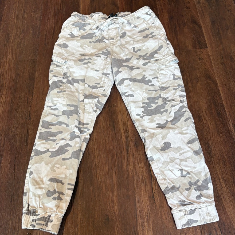 Military Chic Neutral High-Waisted Camo Cargo Jogger Pants Streetwear Grunge L